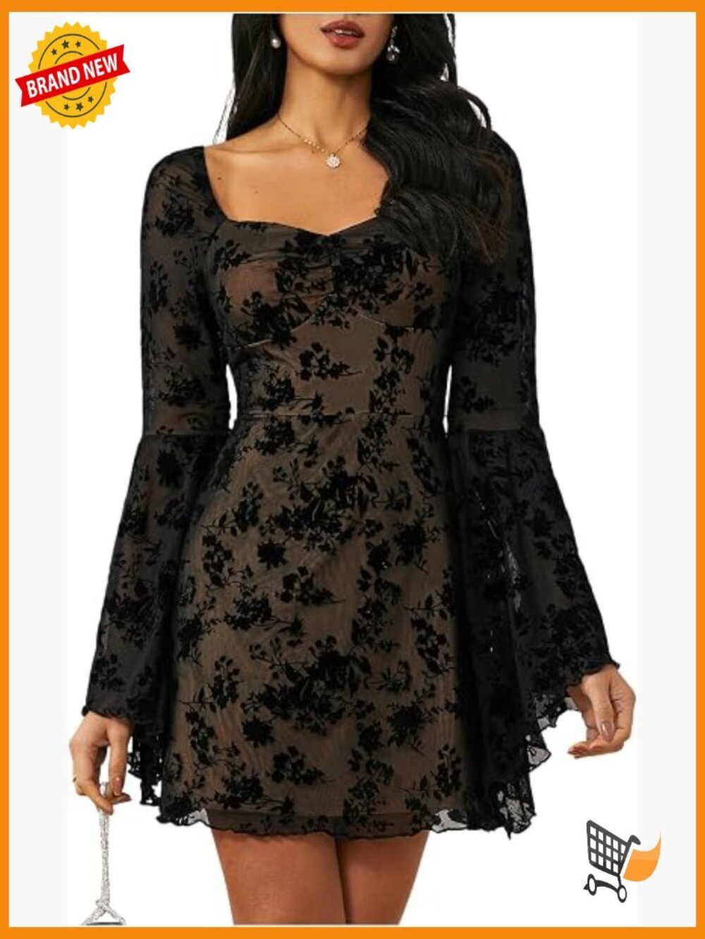 Vintage Gothic Floral Jacquard Mesh Dress Bell Sleeve A Line